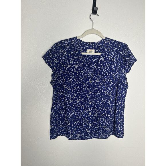 Marine Layer Esme Flutter Sleeve V Neck Top in Boho Floral Blue and White Size M - Picture 1 of 5